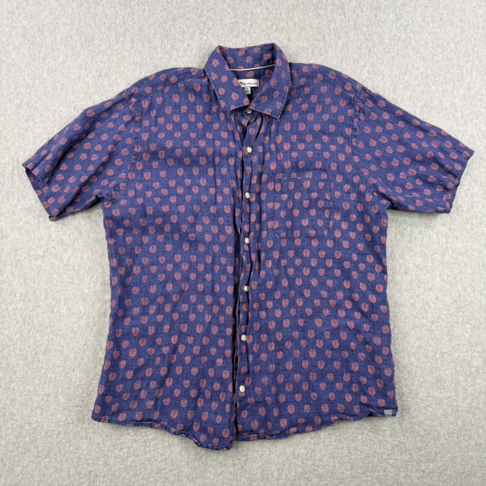 Peter Millar Shirt Mens Large Blue Floral 100% Linen Short Sleeve Button Up - Picture 1 of 9